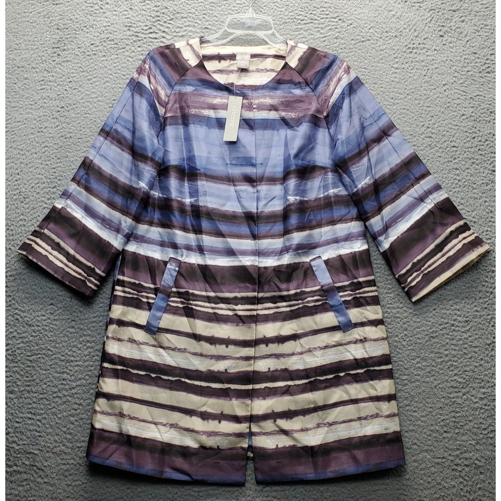 Chico's Shantung Topper Jacket Womens Small Multi Striped Satin Lined 3/4 Sleeve